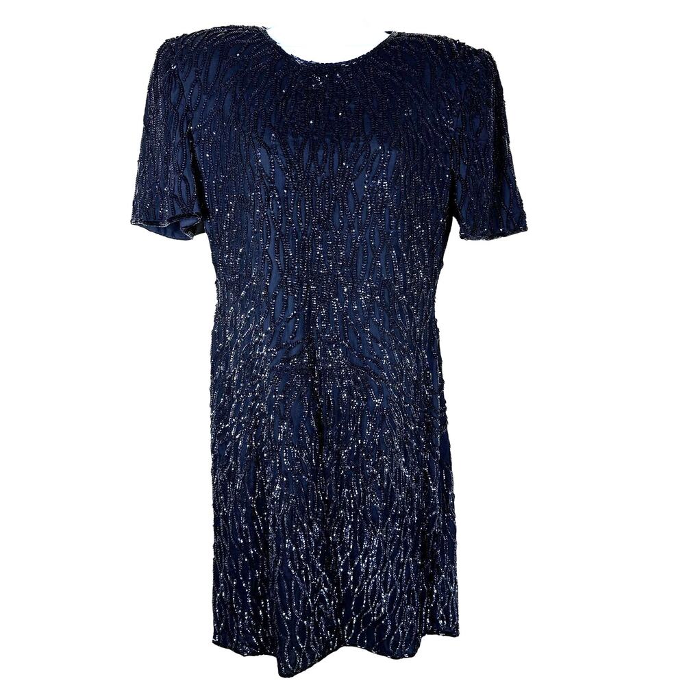 Lawrence Kazar‎ Sequins Black Silk Cocktail Dress Women’s Medium Vintage 80's